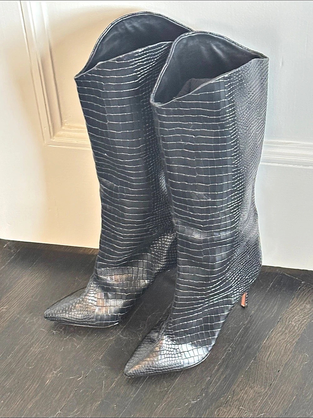 Schutz Maryana Croc-Embossed Leather Knee-High Boot Black Boots